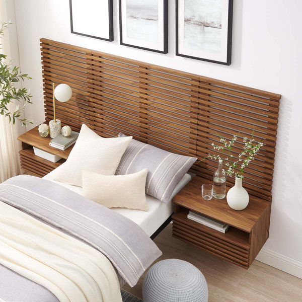 Modway MOD-7114-WAL Render Wall Mount King Headboard 2 Nightstands Set Walnut Finish